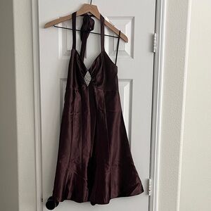 Brown satin sheen halter mini dress circa 2007 with rhinestone embellishment